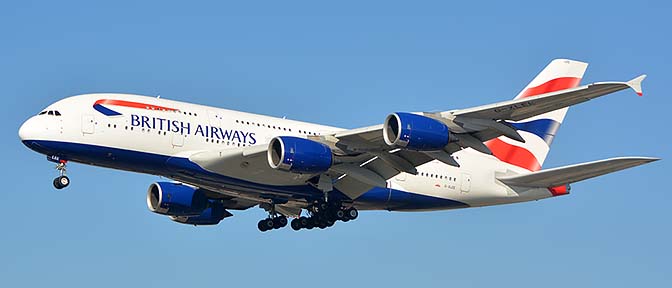 British Airways Airbus A380-841 G-XLEE, Los Angeles international Airport, January 19, 2015